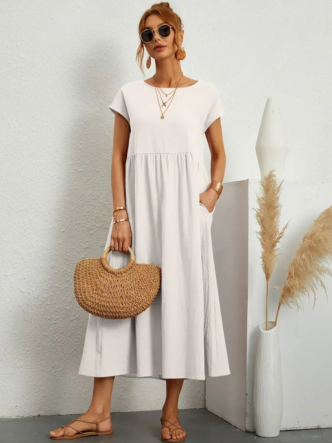 Round Neck Cap Sleeve Babydoll Midi Dress 2