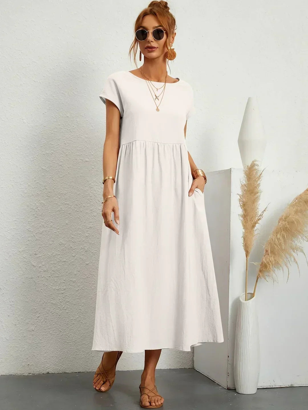Round Neck Cap Sleeve Babydoll Midi Dress 13
