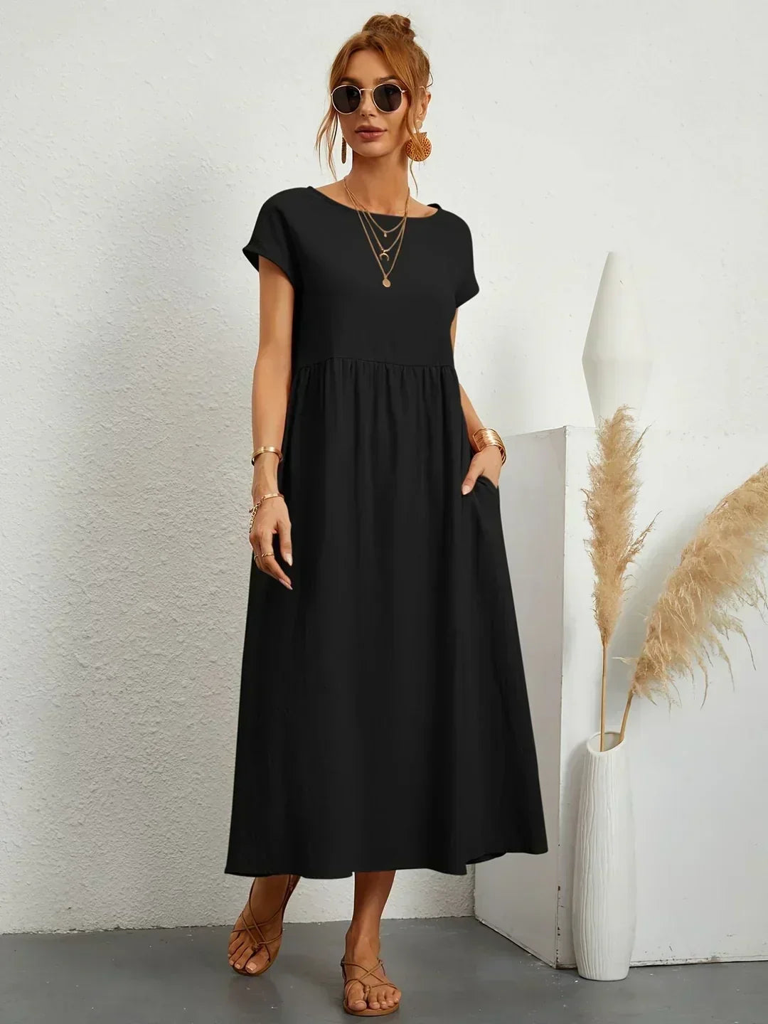 Round Neck Cap Sleeve Babydoll Midi Dress 25
