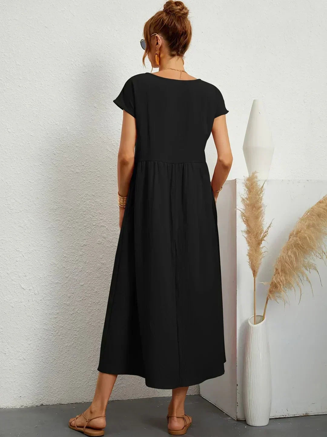 Round Neck Cap Sleeve Pocket A-Line Midi Dress 18