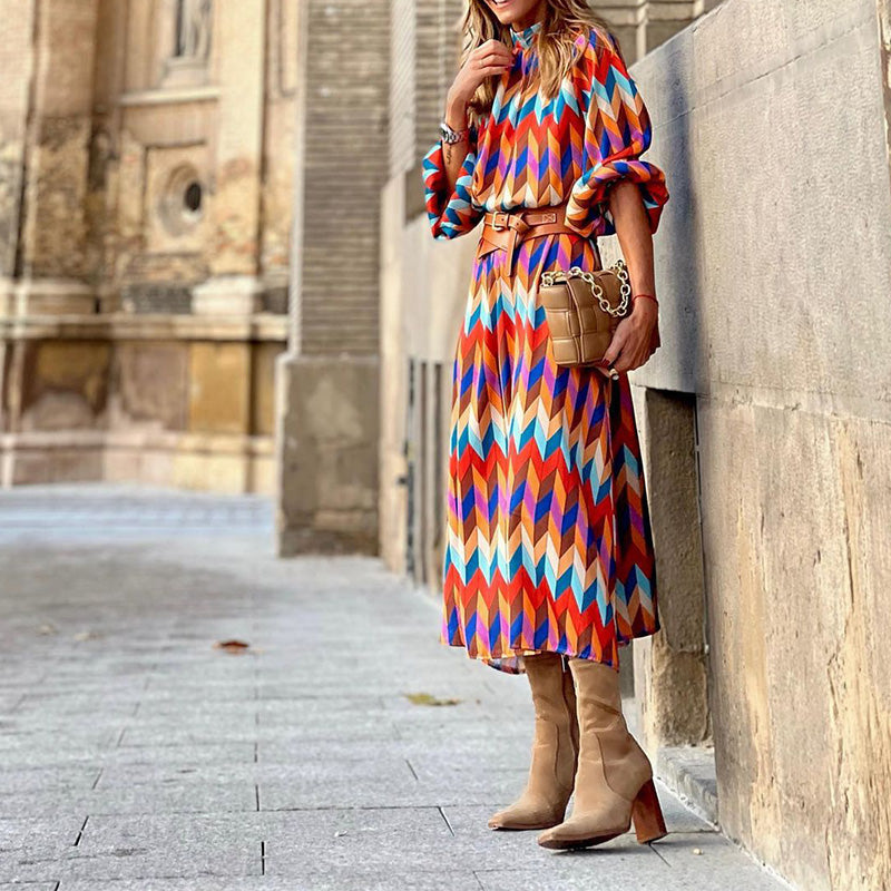 Chevron Print High Neck Sleeveless Belted Pleated Midi Dress - View 2