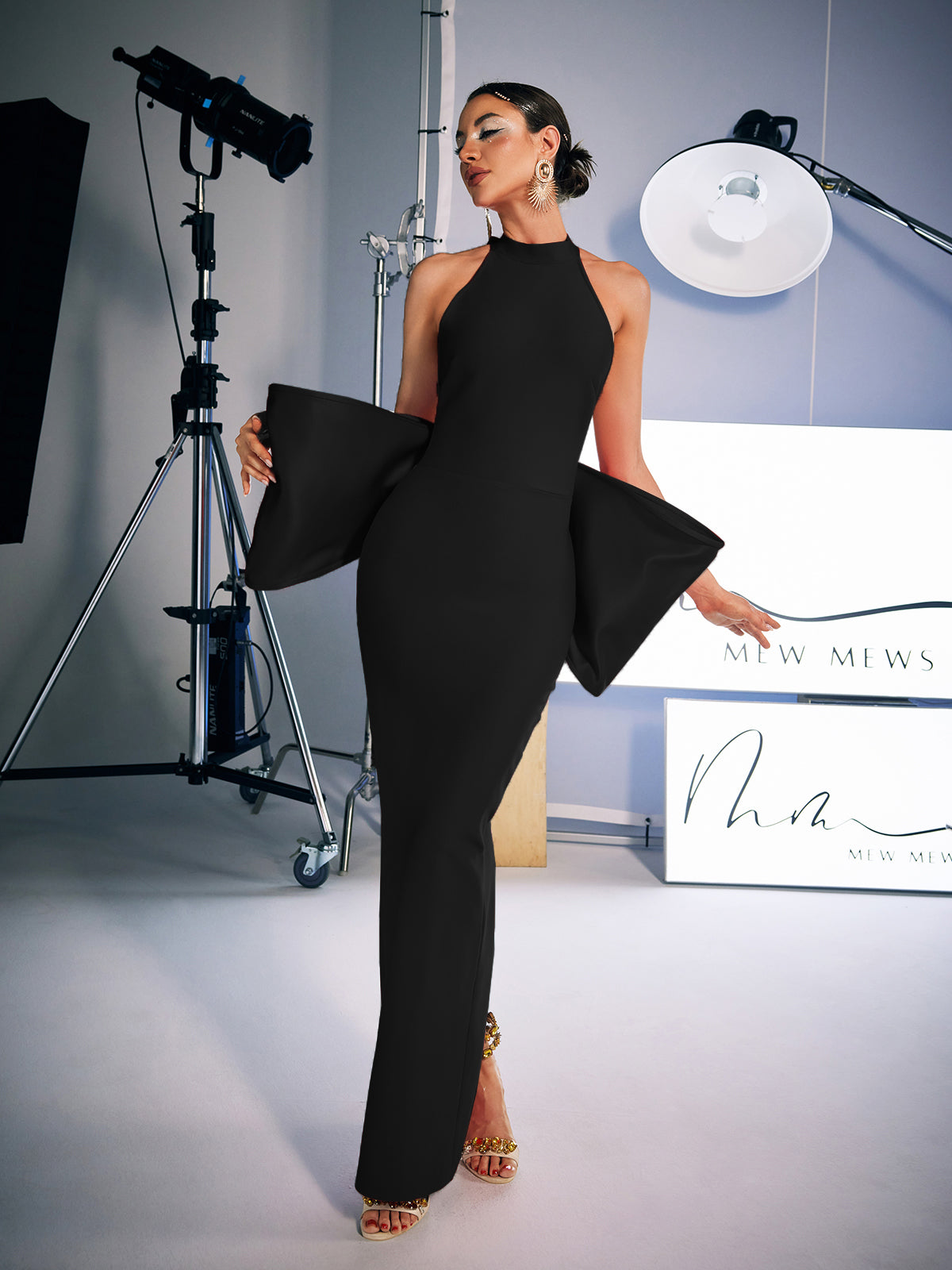 Halter Open Back Bow Detail Peplum Bandage Maxi Gown - View 5
