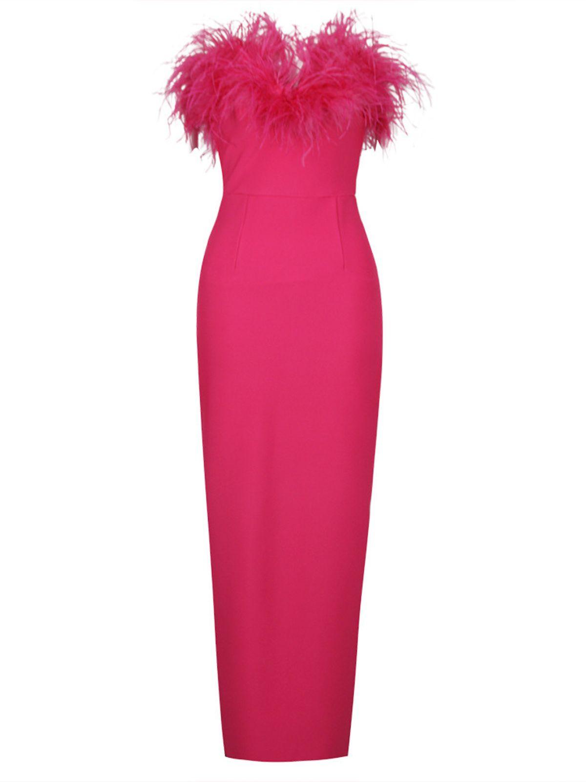 Mina Strapless Feather Trimmed Bandage Dress In Hot Pink - View 7