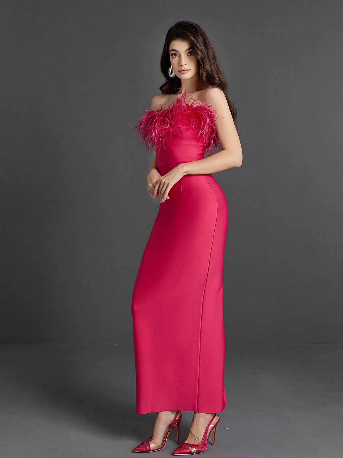 Mina Strapless Feather Trimmed Bandage Dress In Hot Pink - View 4