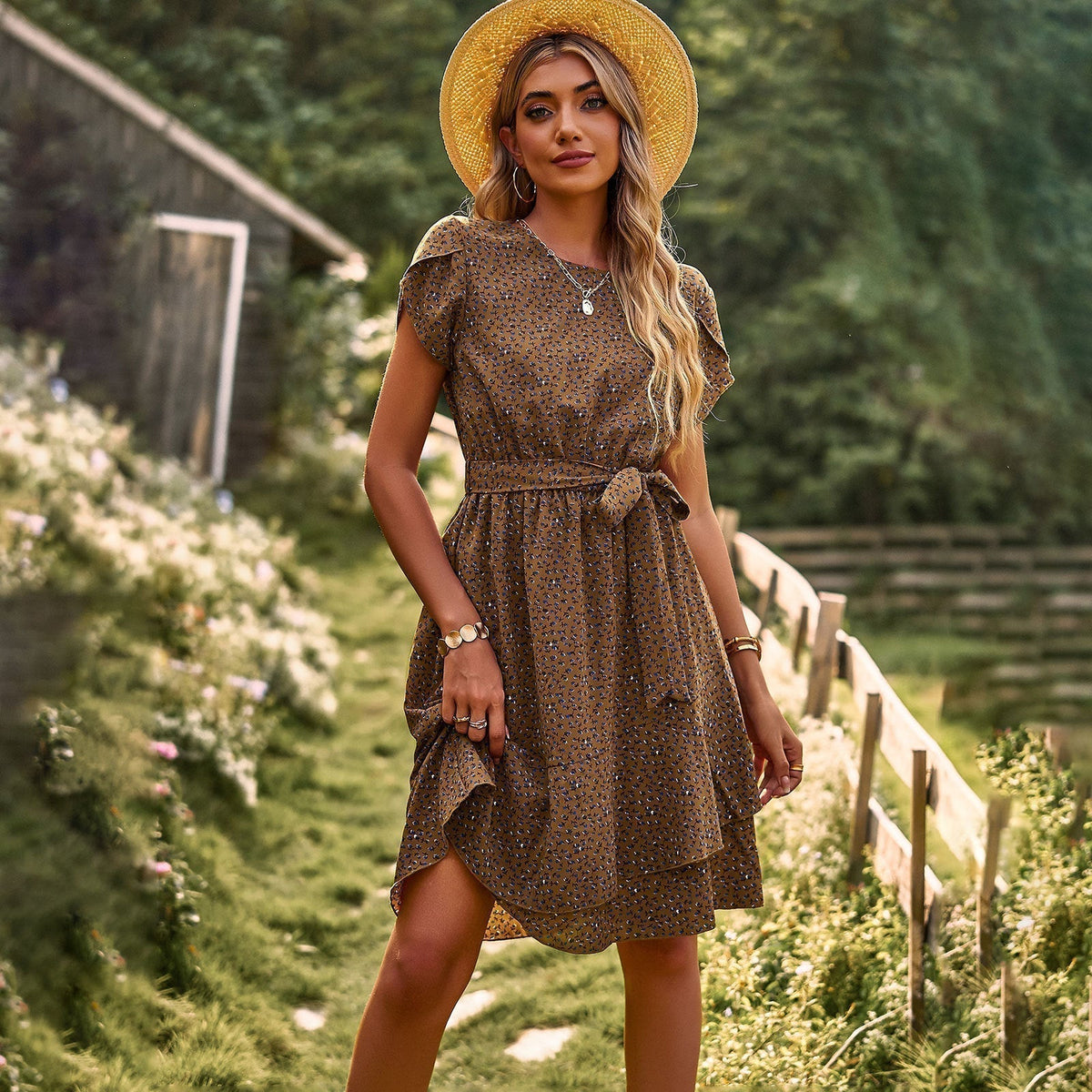 Floral Round Neck Short Sleeve Tiered Belted A-Line Mini Dress - View 5