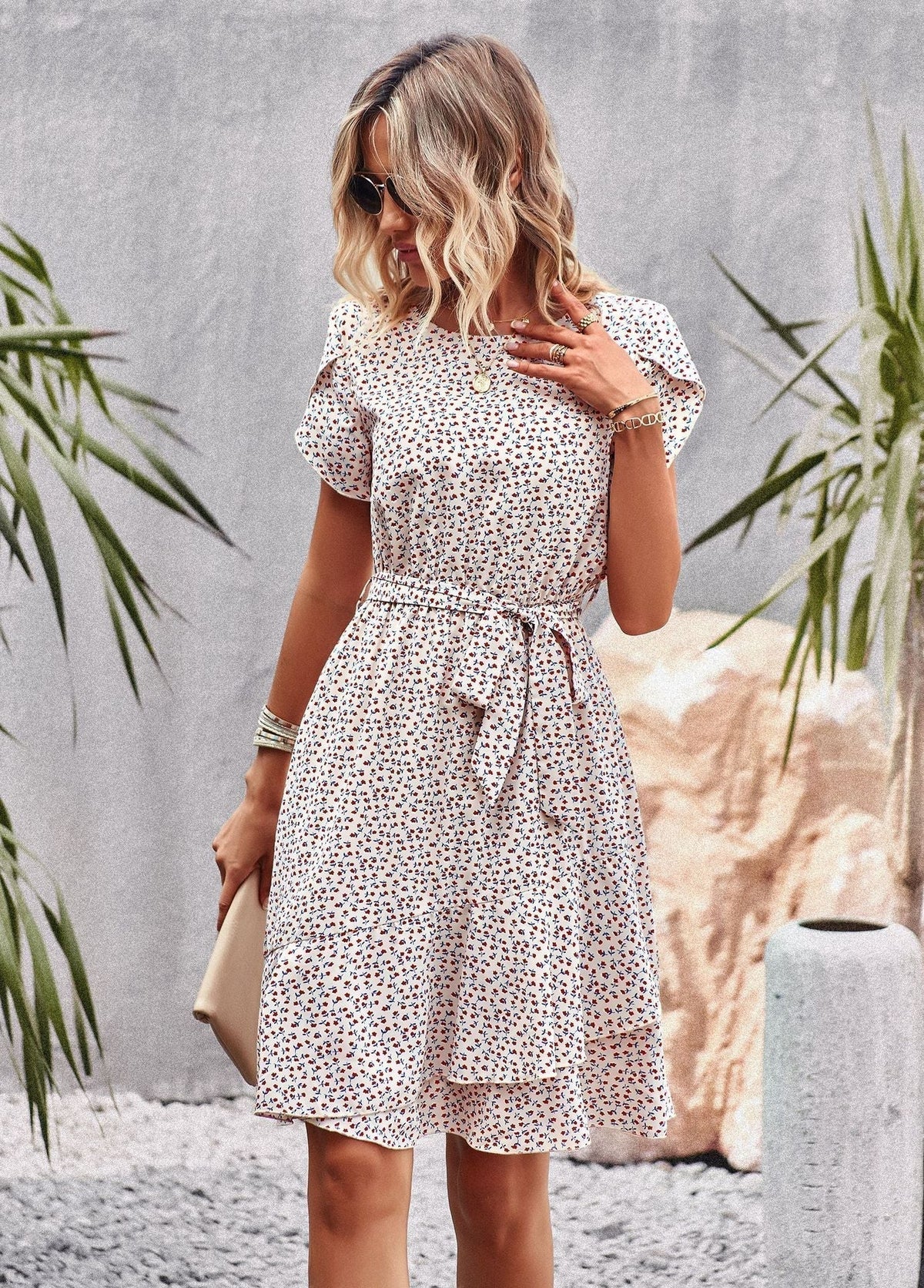 Floral Round Neck Short Sleeve Tiered Belted A-Line Mini Dress - View 10