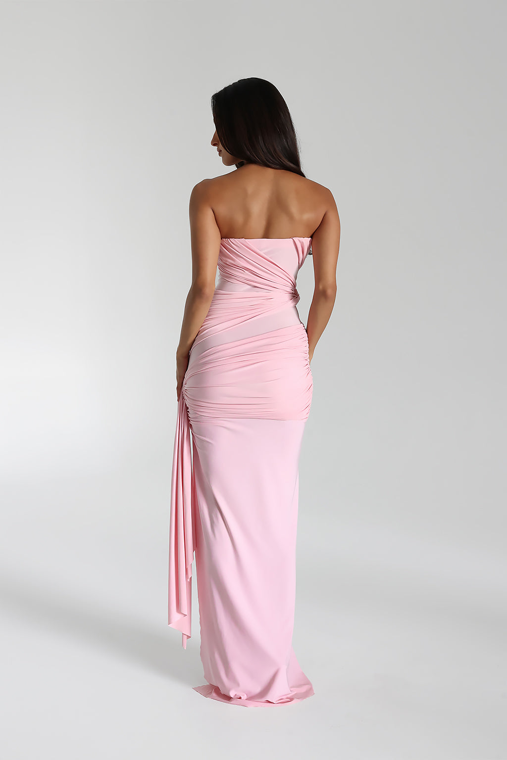 Strapless Ruched Knot Bodice Side Slit Draped Sash Maxi Gown - View 3