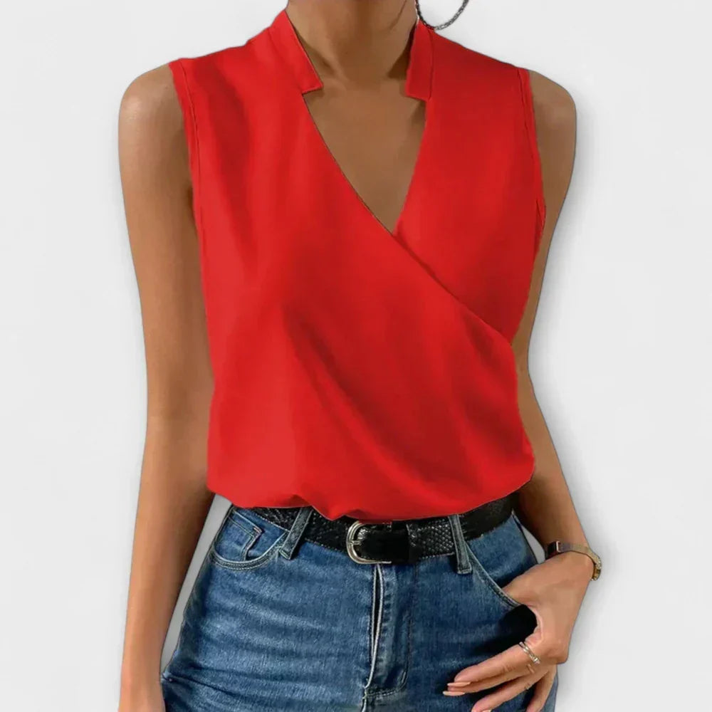 Sleeveless Stand Collar Surplice V-Neck Satin Top 4