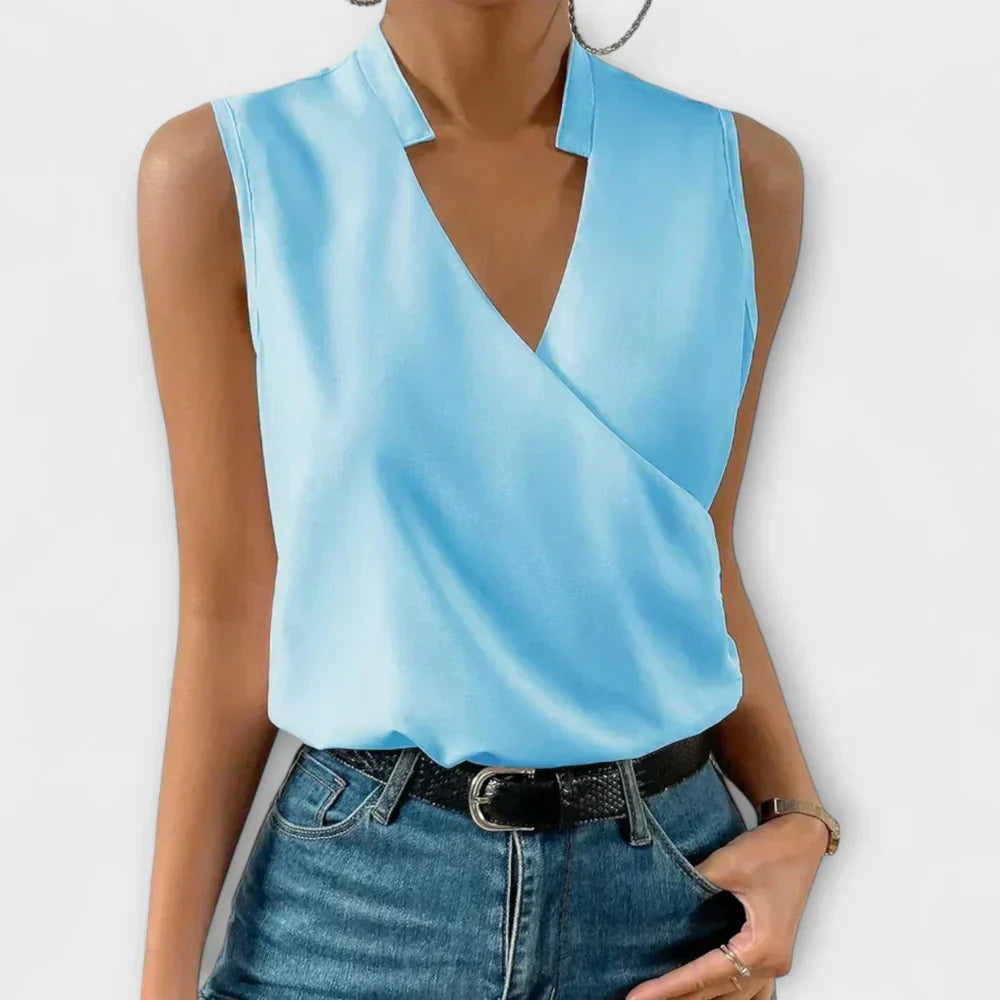 Sleeveless Stand Collar Surplice V-Neck Satin Top 3