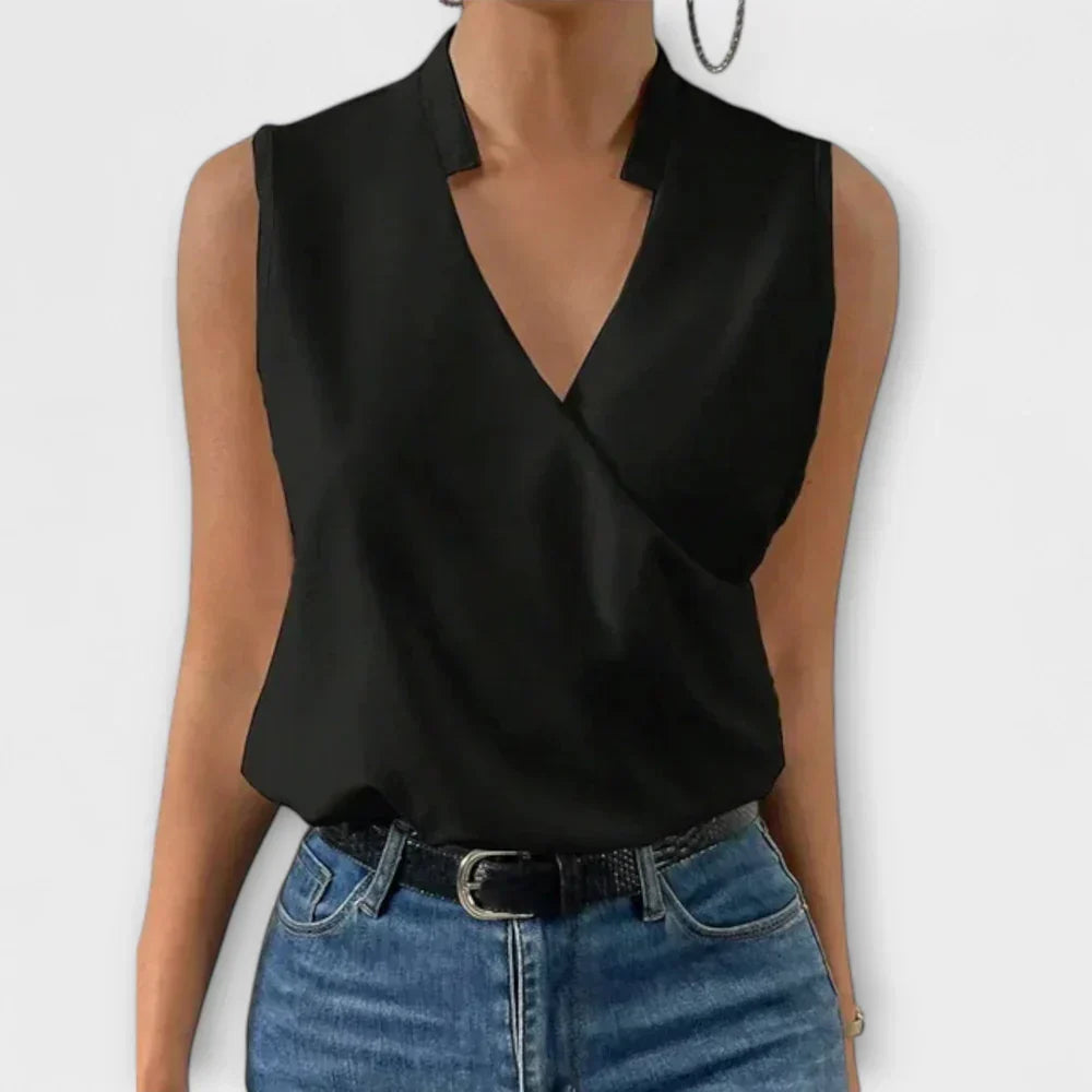Sleeveless Stand Collar Surplice V-Neck Satin Top 6