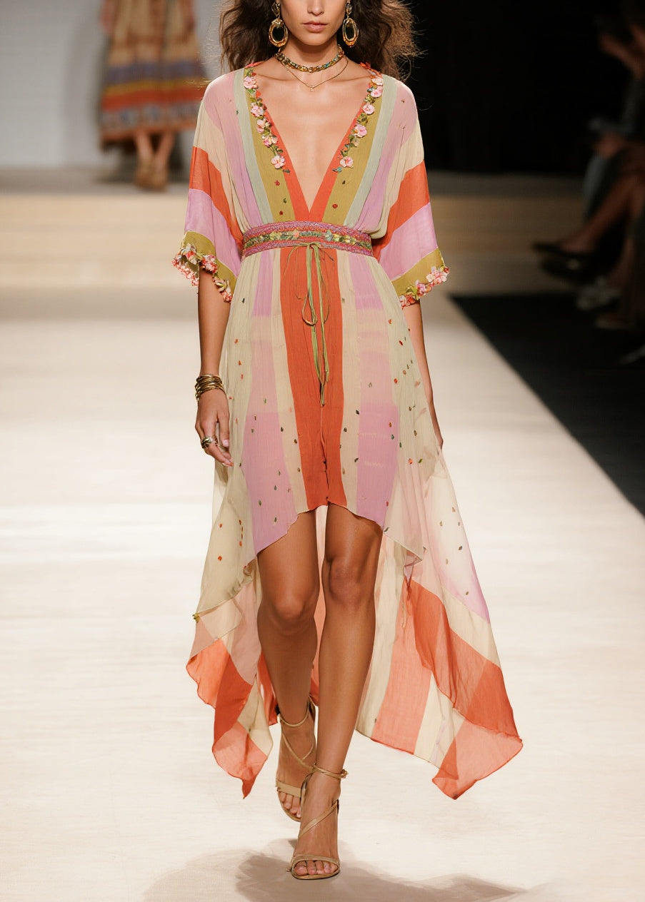Floral Embroidery Striped Deep V-Neck Flutter Sleeve Dress