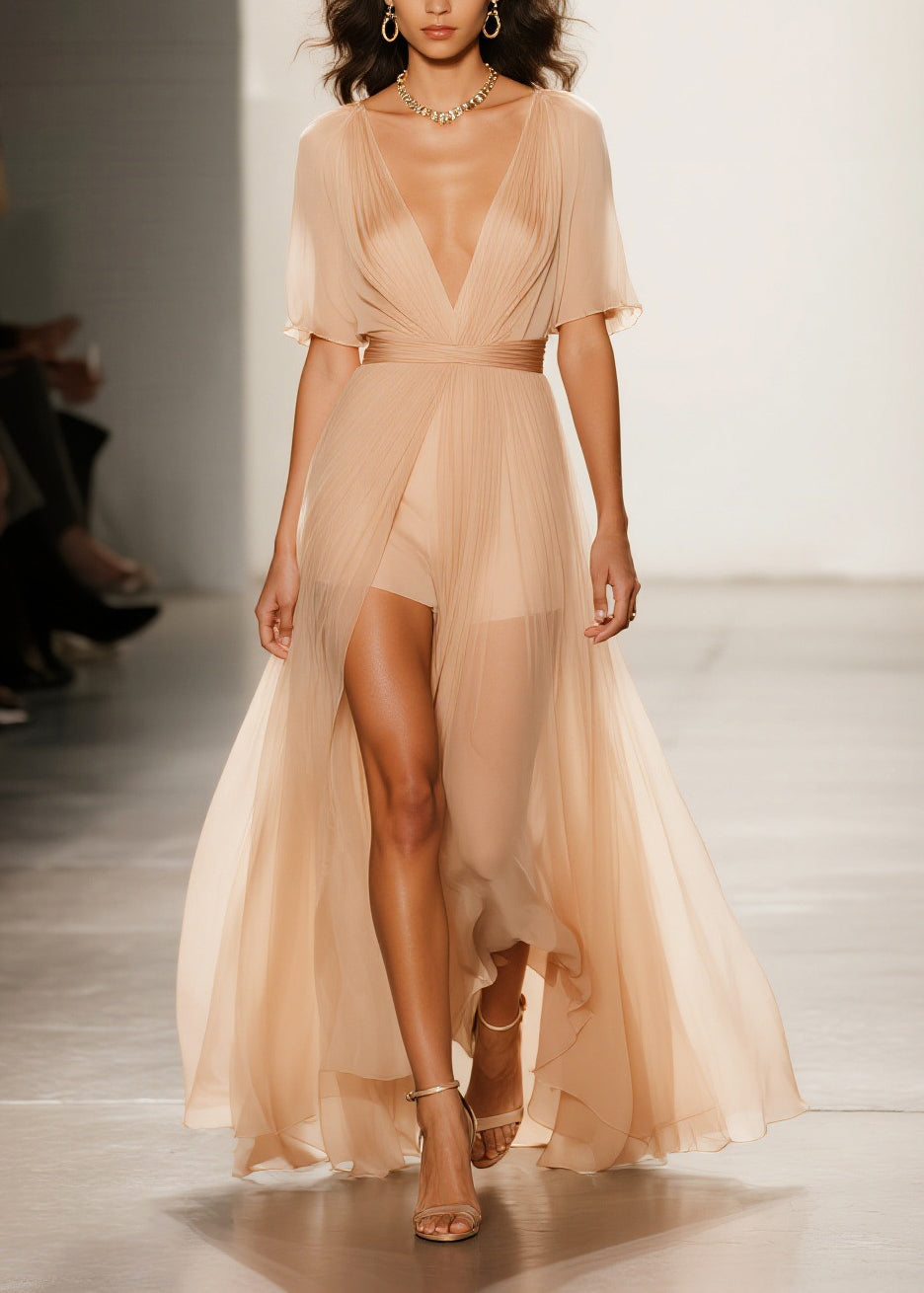 Deep V-Neck Pleated Flutter Sleeve Sheer Overlay Maxi Gown - View 3