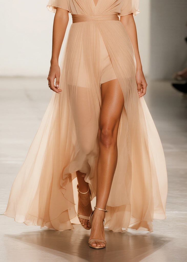 Deep V-Neck Pleated Flutter Sleeve Sheer Overlay Maxi Gown - View 4
