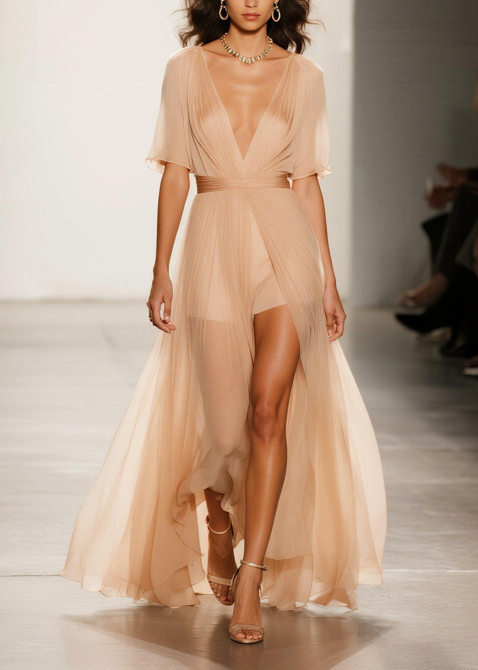 Deep V-Neck Pleated Flutter Sleeve Sheer Overlay Maxi Gown - View 5