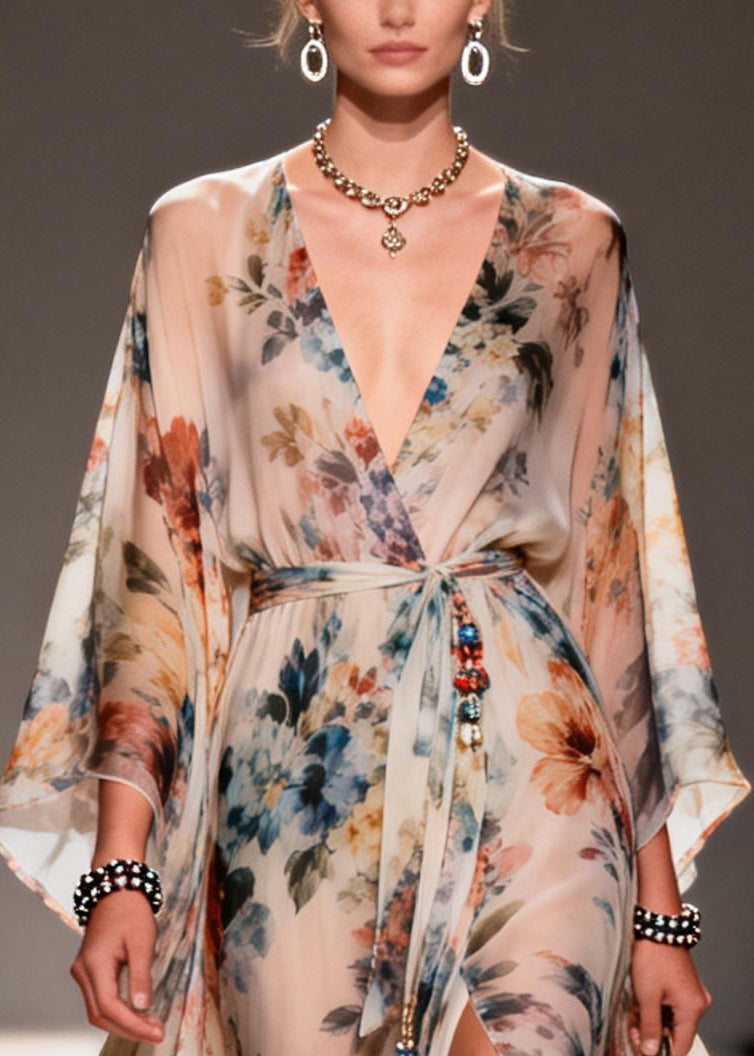 Floral Print Chiffon Wrap Deep V-Neck Kimono Sleeve Beaded Tie High Split Maxi Gown - View 2