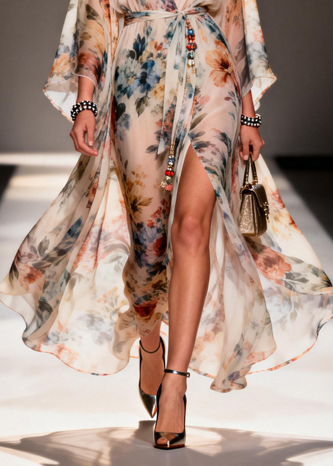 Floral Print Chiffon Wrap Deep V-Neck Kimono Sleeve Beaded Tie High Split Maxi Gown - View 4