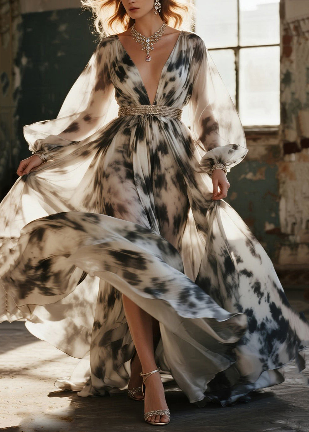 Marble Print Deep V-Neck Bishop Sleeve Beaded Waist Maxi Gown - View 3