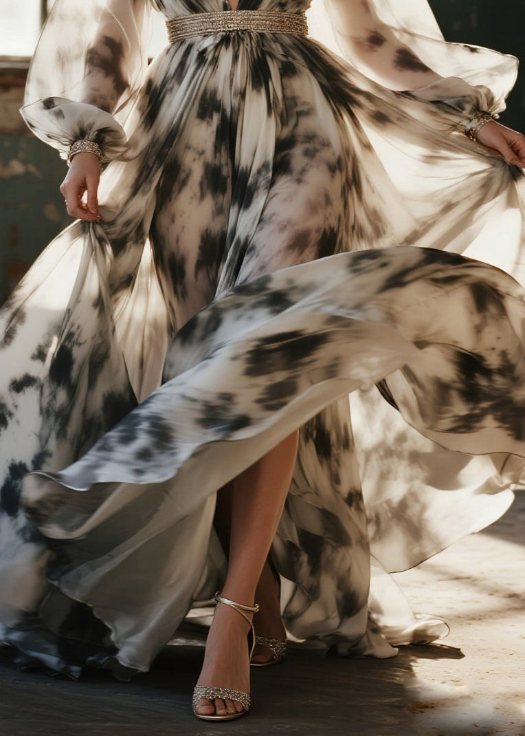 Marble Print Deep V-Neck Bishop Sleeve Beaded Waist Maxi Gown - View 4
