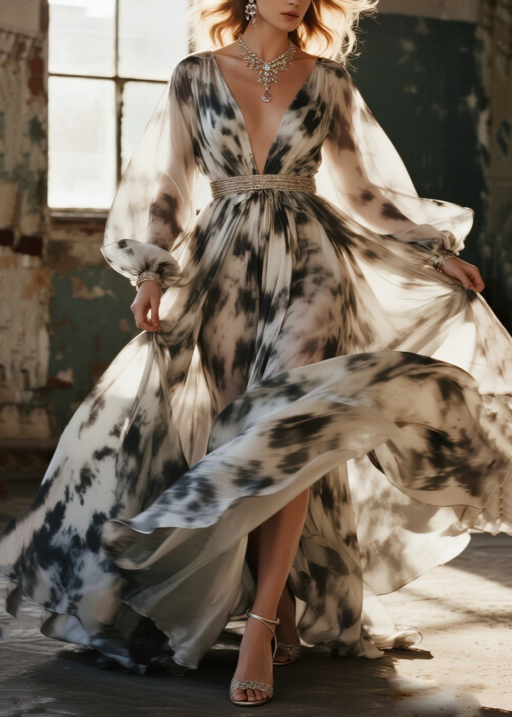 Marble Print Deep V-Neck Bishop Sleeve Beaded Waist Maxi Gown - View 5