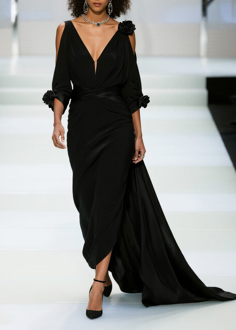 Deep V-Neck Cold Shoulder Rosette Cuff Draped Wrap Waist Train Gown - View 3