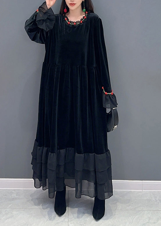 Velvet Long Sleeve Tiered Ruffle Hem A-Line Maxi Dress - View 2