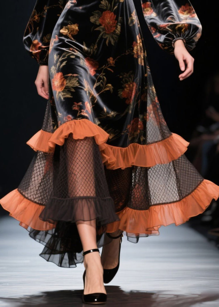 Modern Black Ruffled Patchwork Hollow Out Silk Velvet Dress Spring - View 4