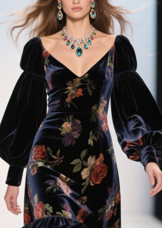 Modern Black Ruffled Patchwork Print Silk Velvet Evening Dress Spring - View 2