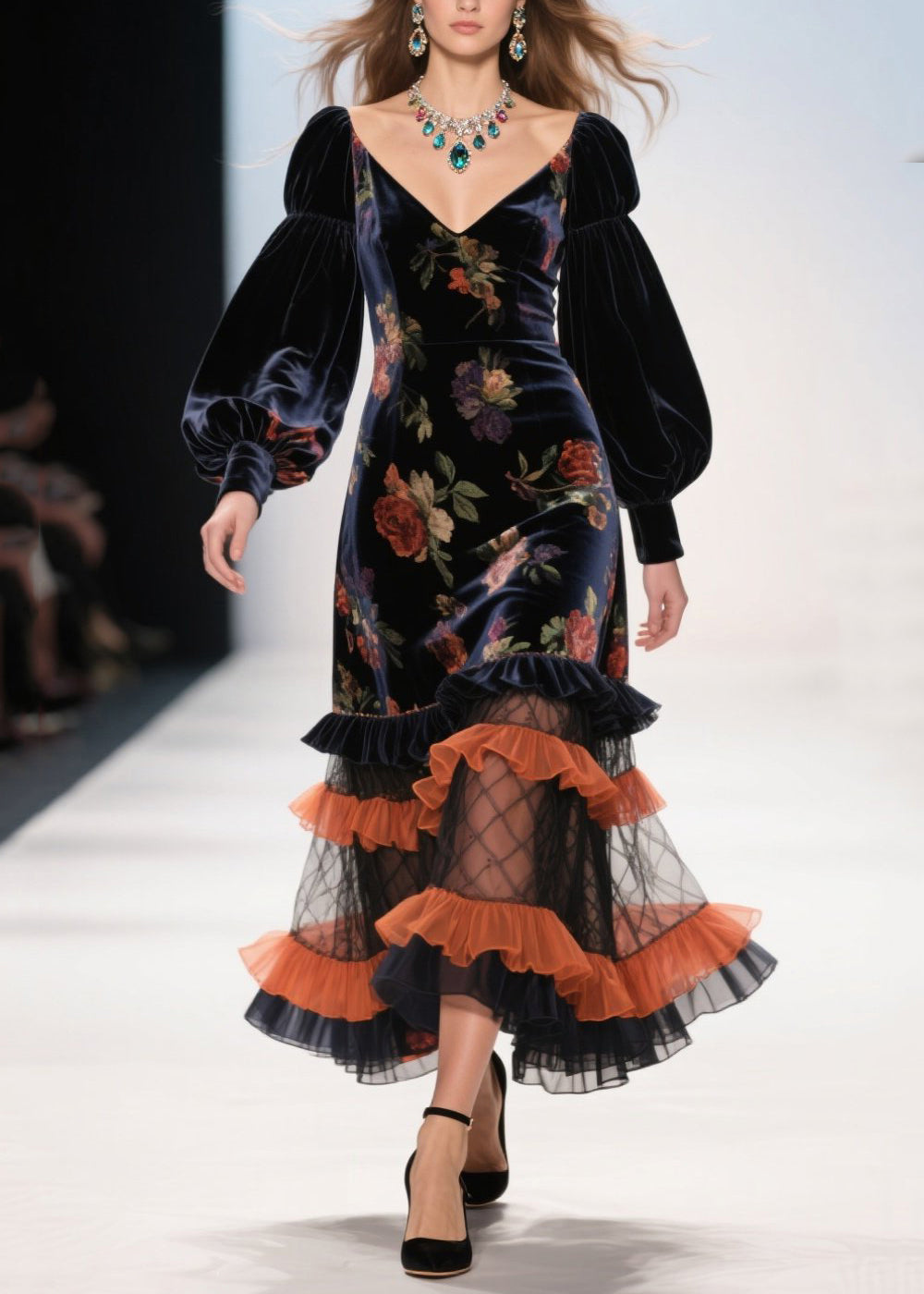 Modern Black Ruffled Patchwork Print Silk Velvet Evening Dress Spring - View 3