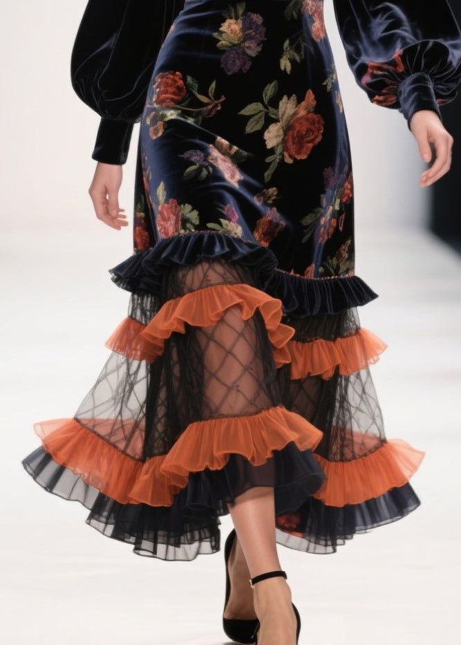 Modern Black Ruffled Patchwork Print Silk Velvet Evening Dress Spring - View 4