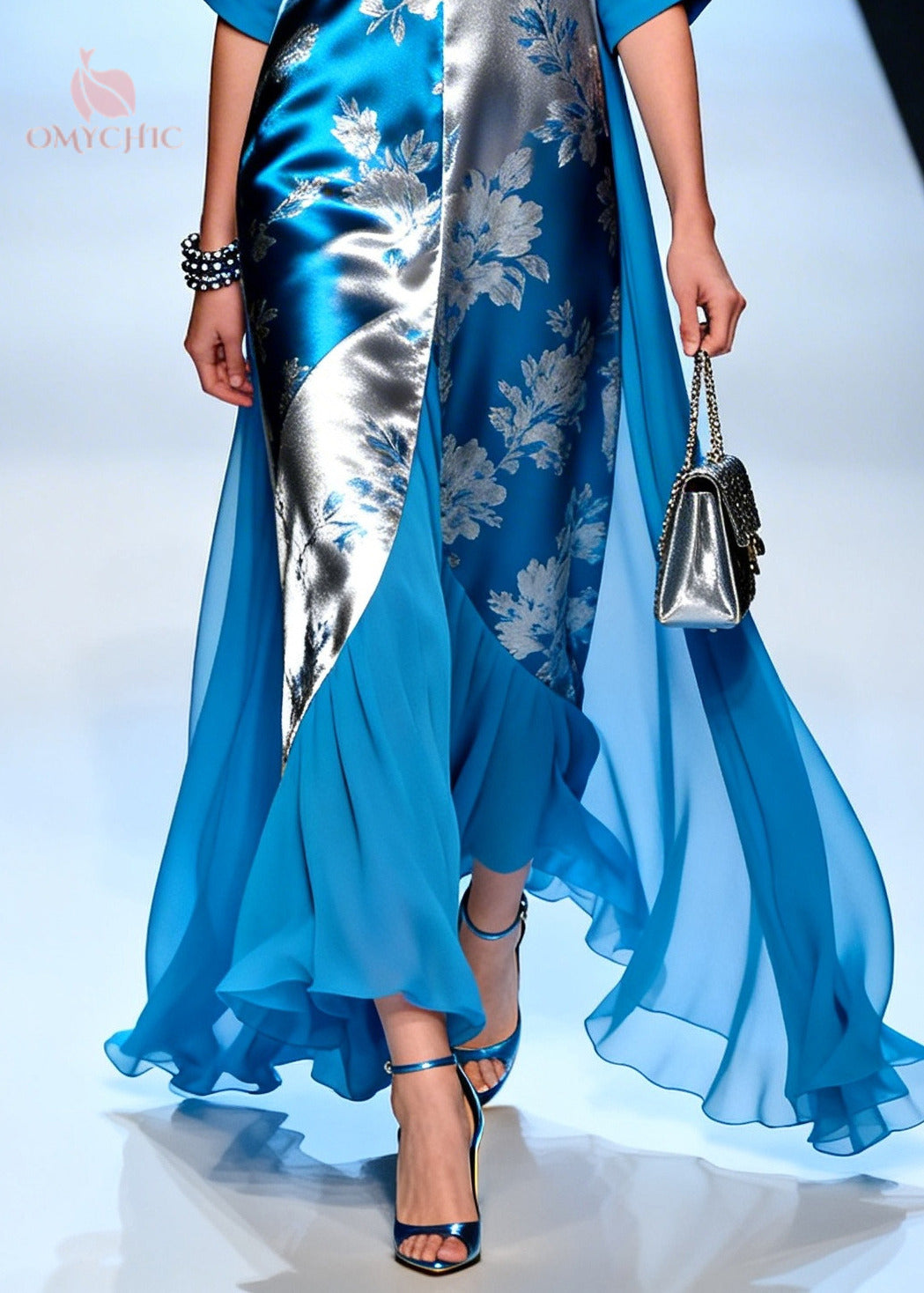 Metallic Floral Jacquard Deep V-Neck Half Sleeve Sheer Maxi Gown - View 4