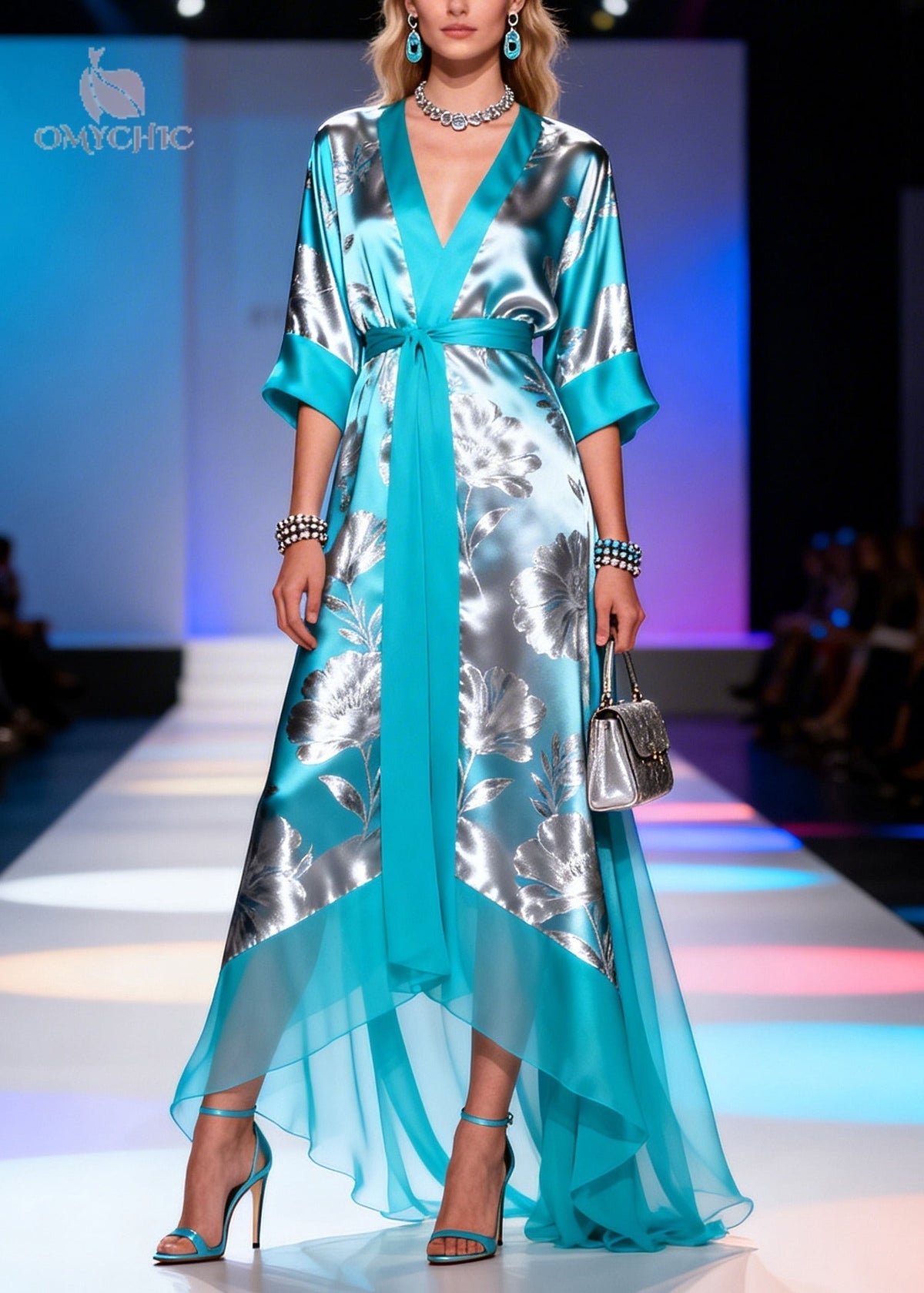 Floral Deep V-Neck Half Sleeve Belted Satin High Low Maxi Dress - View 3