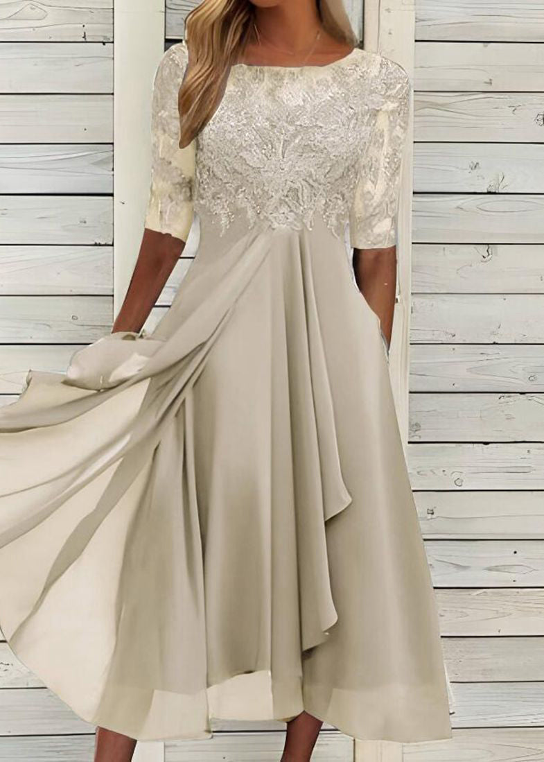 Modern Blue O Neck Ruffled Lace Patchwork Chiffon Dress Summer - View 4