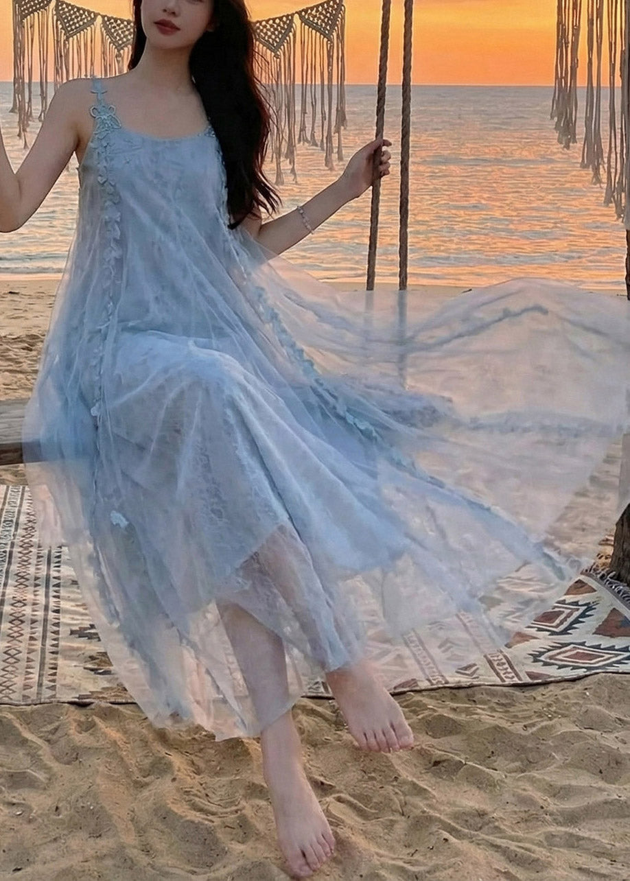 Tulle Spaghetti Strap Square Neck 3D Floral A-Line Maxi Dress - View 3