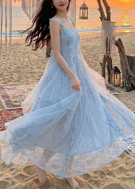 Tulle Spaghetti Strap Square Neck 3D Floral A-Line Maxi Dress - View 4