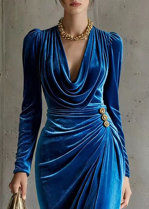 Velvet Cowl Neck Long Sleeve Ruched Button Wrap High Split Maxi Gown - View 2