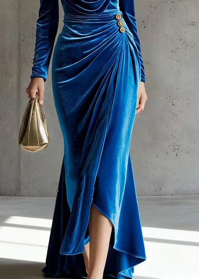 Velvet Cowl Neck Long Sleeve Ruched Button Wrap High Split Maxi Gown - View 4