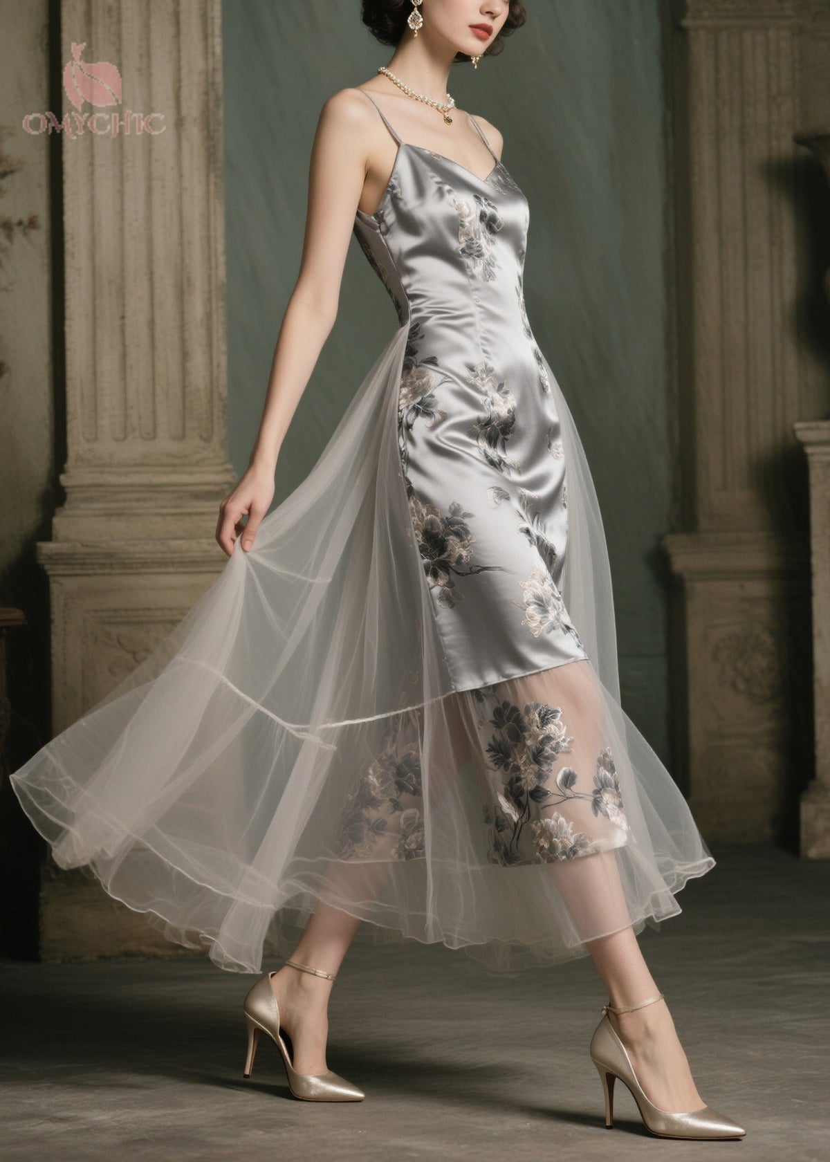 Satin Floral Print Spaghetti Strap Tulle Overlay Tiered Midi Dress - View 3
