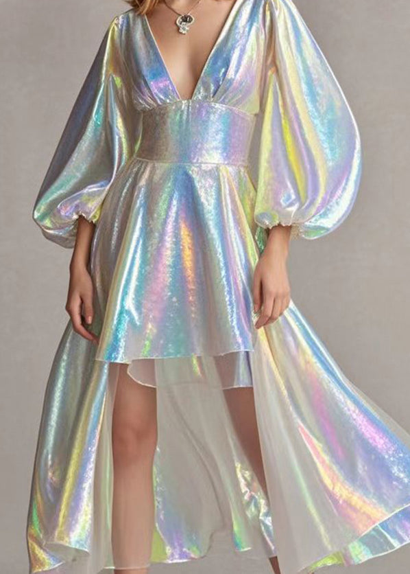 Deep V-Neck Puff Sleeve Corset Waist High Low Iridescent Mini Dress - View 4