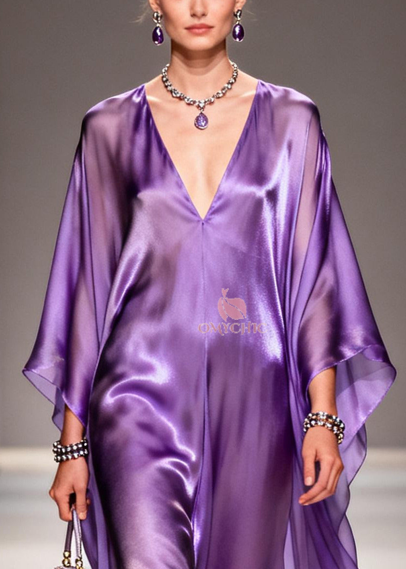 Deep V-Neck Batwing Sleeve Satin Kaftan Maxi Dress - View 2