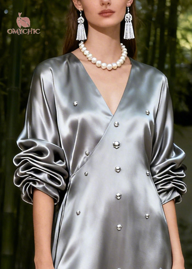 Satin Beaded Deep V-Neck Bishop Sleeve Draped Maxi Gown - View 2