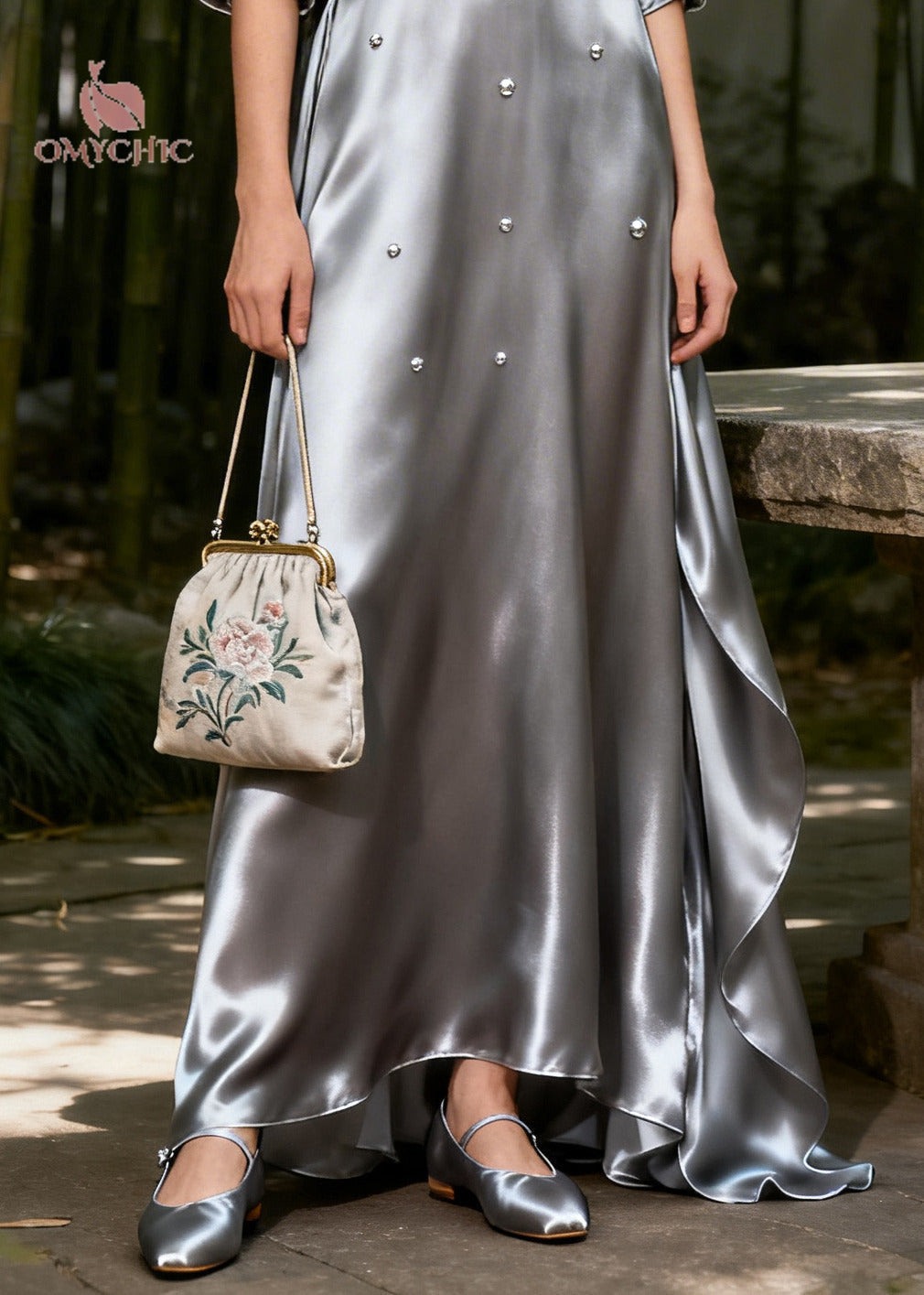 Satin Beaded Deep V-Neck Bishop Sleeve Draped Maxi Gown - View 4