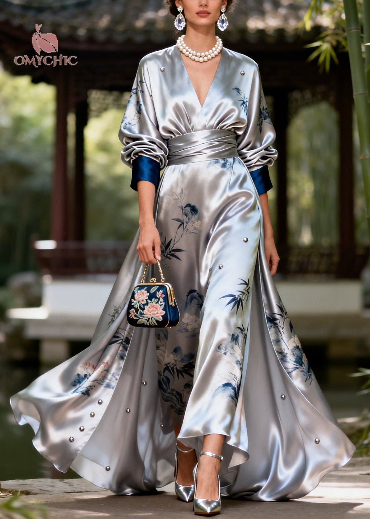 Satin Floral Print Beaded Wrap Deep V-Neck Puff Sleeve Maxi Gown