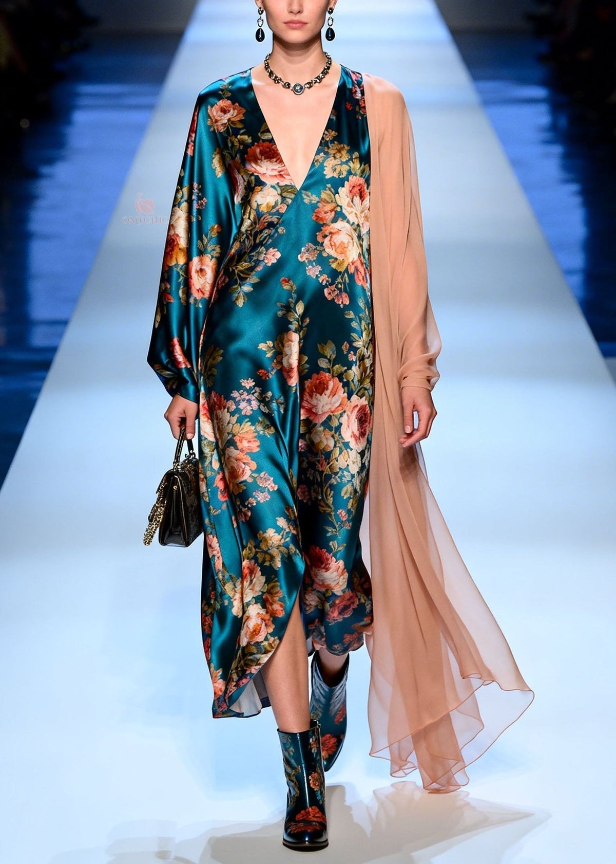 Satin Floral Deep V-Neck Bishop Sleeve Sheer Shoulder Drape Maxi Gown - View 3