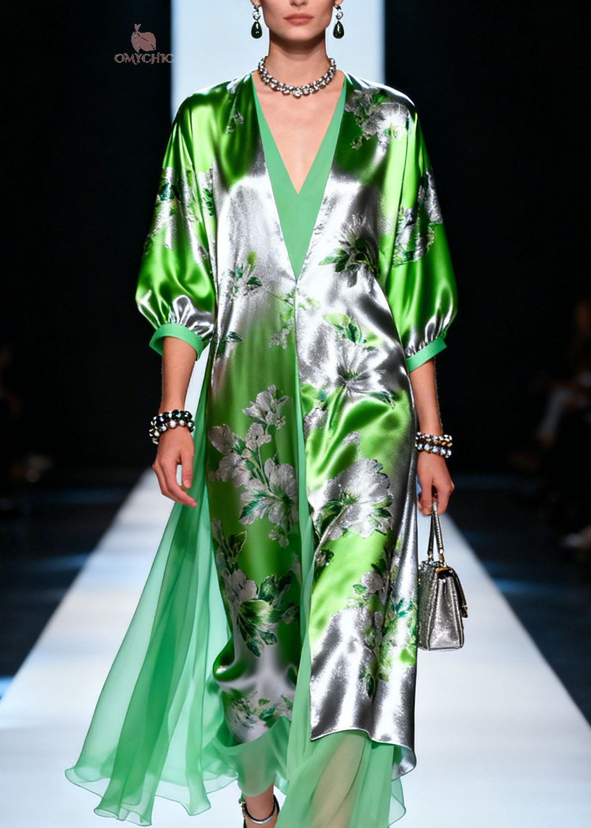 Floral Print Deep V-Neck 3/4 Sleeve Tiered Sheer Overlay Maxi Gown - View 2