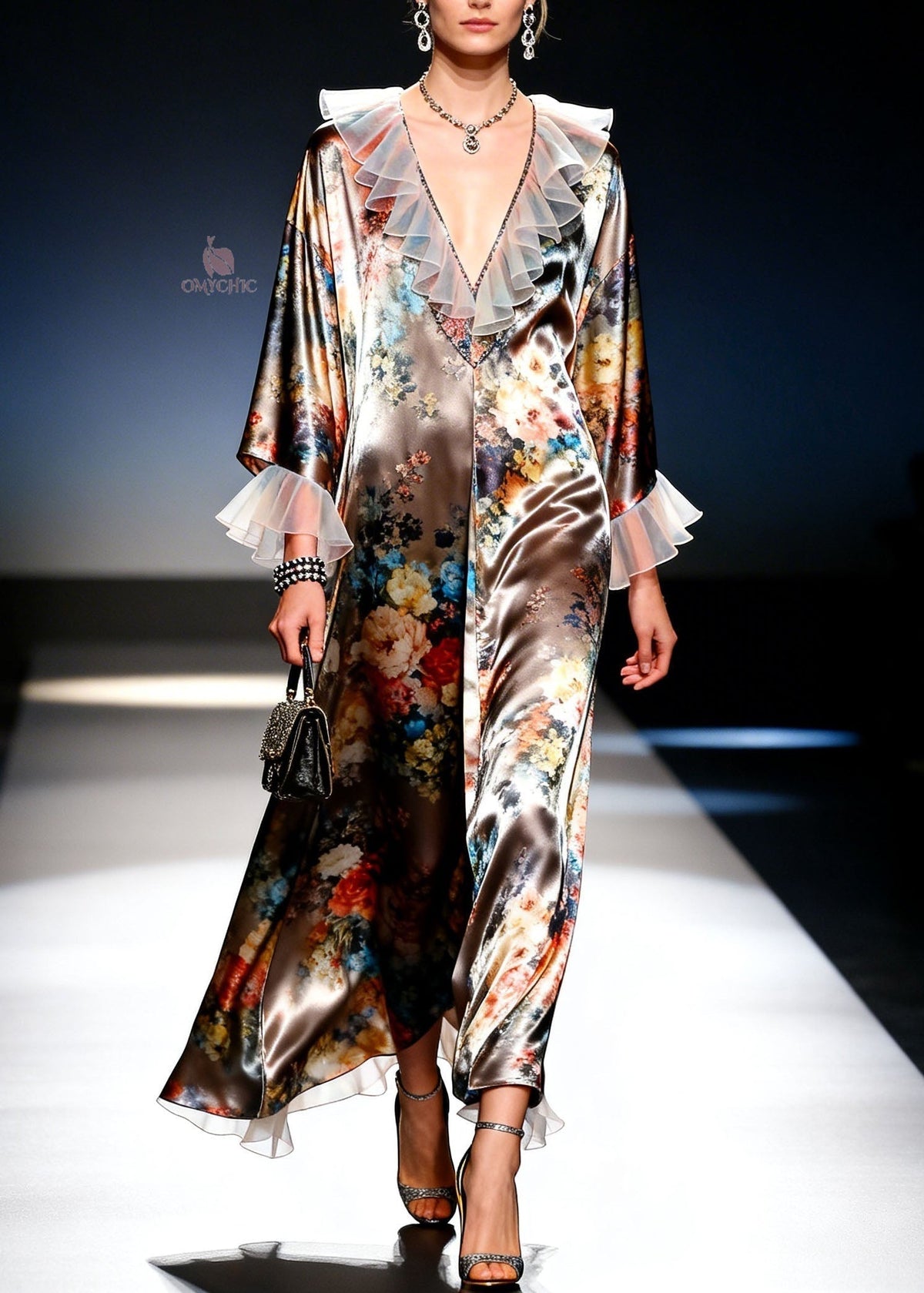 Floral Print Satin Deep V-Neck Organza Ruffle Trim Maxi Dress