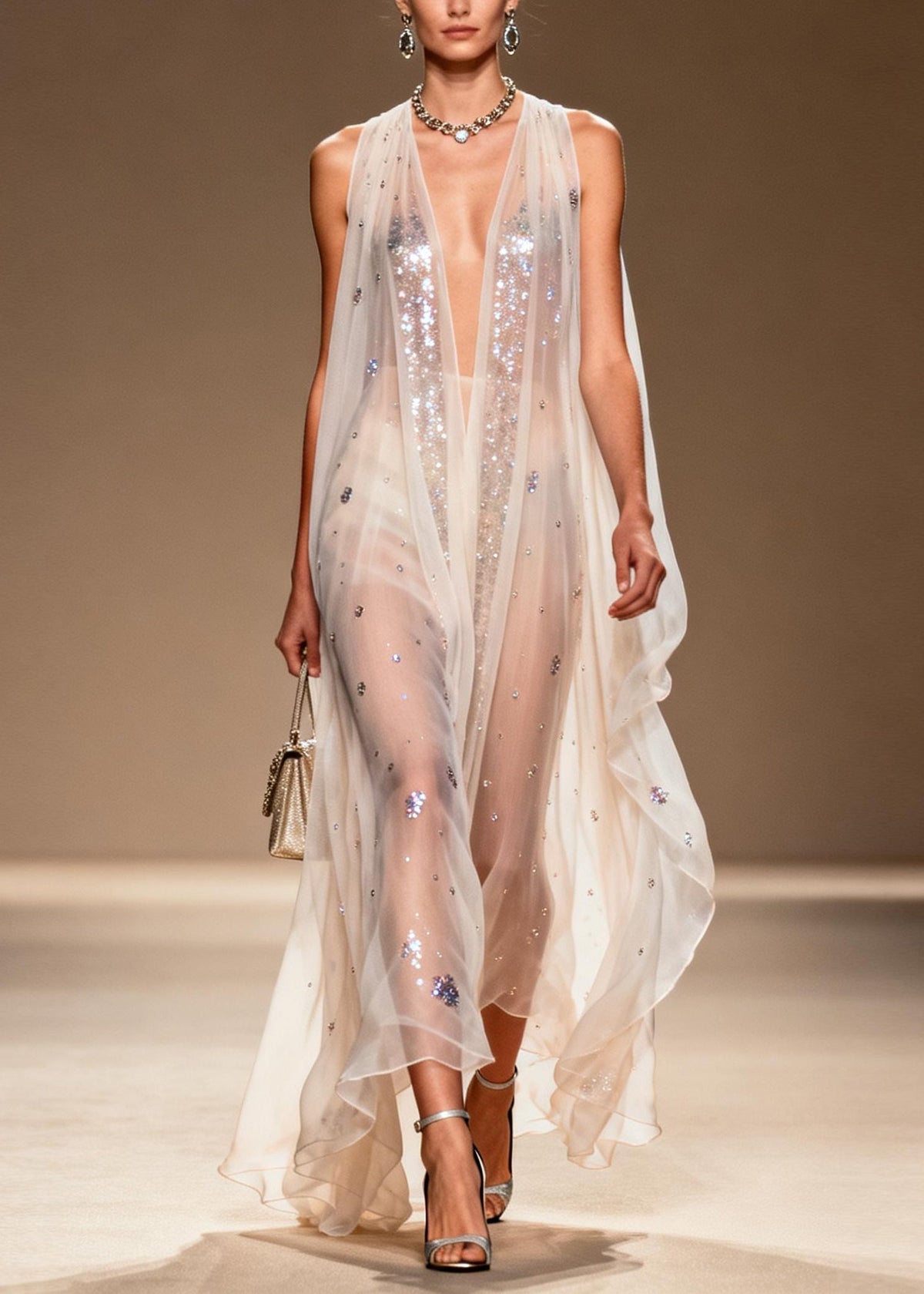 Sequin Scatter Deep V-Neck Sleeveless Sheer Chiffon Maxi Gown