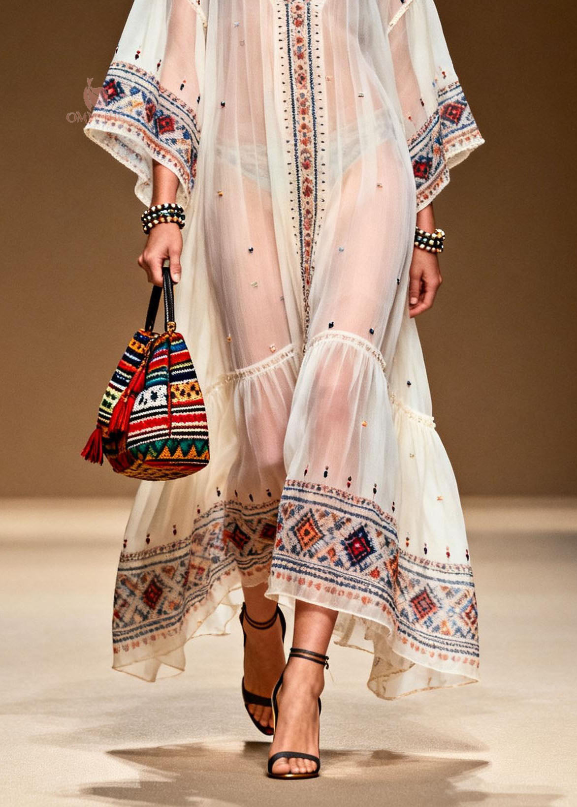Sheer Chiffon Deep V-Neck Sleeve Embroidered Tiered Maxi Dress - View 4