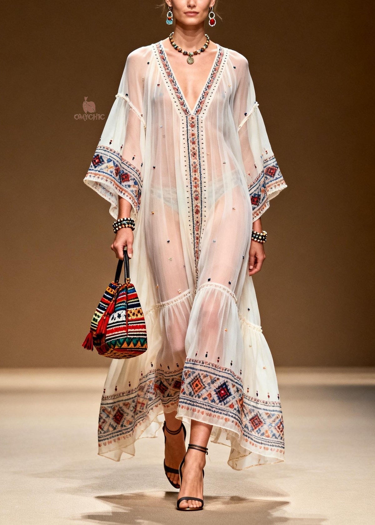 Sheer Chiffon Deep V-Neck Sleeve Embroidered Tiered Maxi Dress - View 5