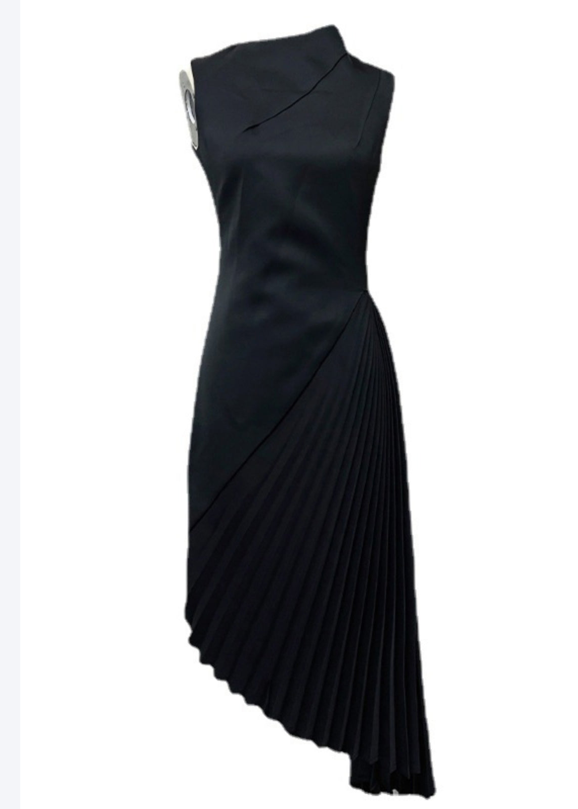 Satin Asymmetric Mock Neck Sleeveless Sunburst Pleat Cocktail Dress - View 5