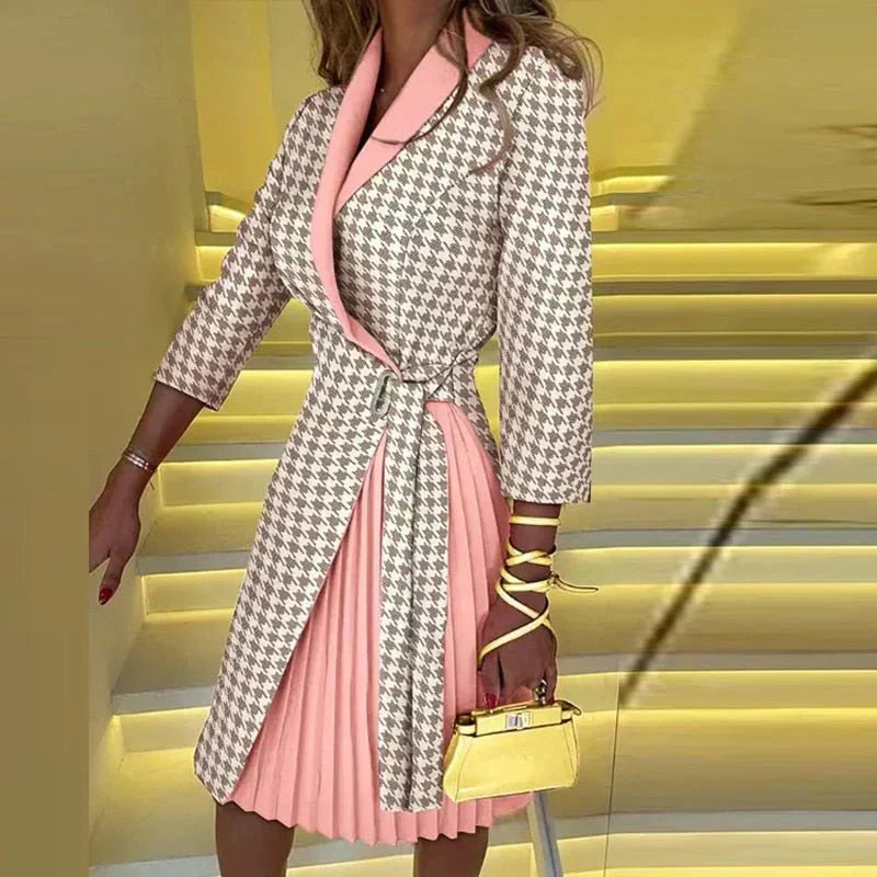 Notched Lapel Wrap Blazer 3/4 Sleeve Belted Pleated Skirt Mini Dress